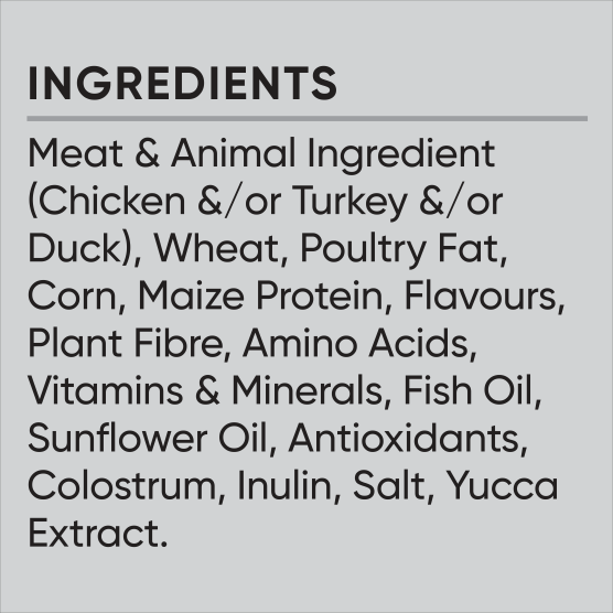 Ingredients: Meat & Animal Ingredient (Chicken and/or turkey and/or duck), wheat, poultry fat, corn, maize protein, flavours, plant fibre, amino acids, vitamins and minerals, fish oil, sunflower oil, antioxidants, colostrum, inulin, salt, yucca extract.