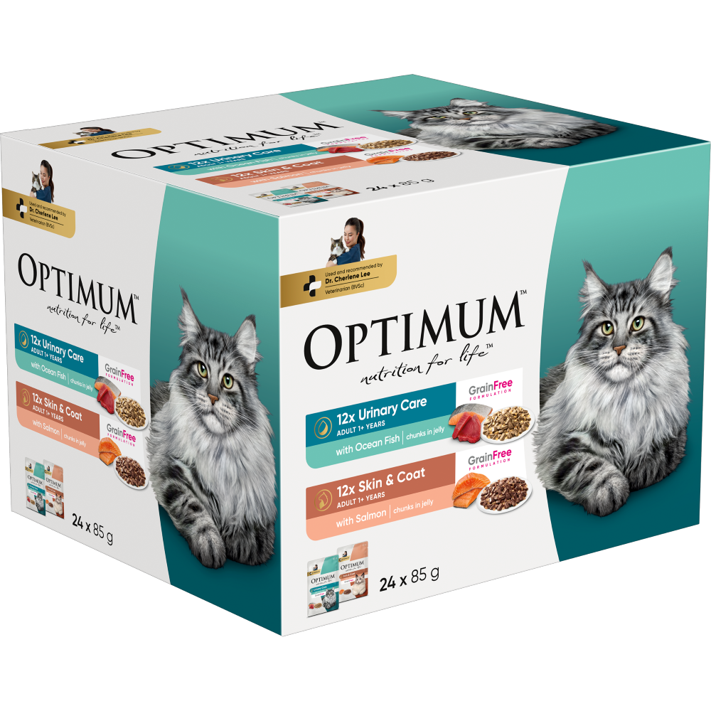 Optimum 24 pack of 85 gram cat food pouches. Urinary care pouches and skin and coat pouches.
