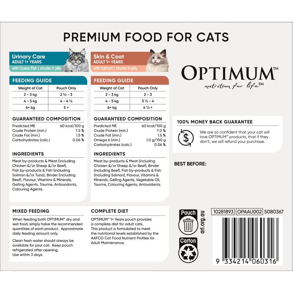 Premium food for cats. Feeding guide for cats. Guaranteed composition. Ingredients list.
