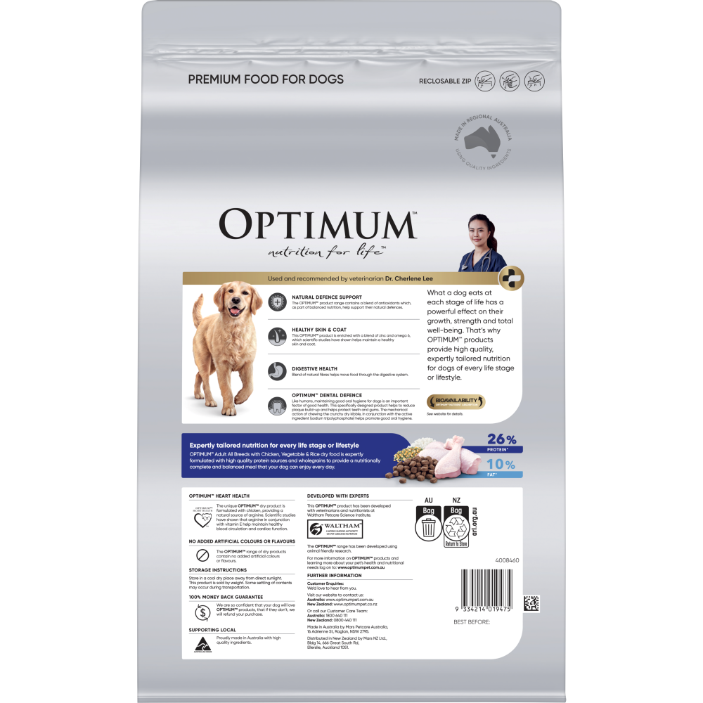 Optimum adult all breed with chicken and rice. Back of bag. 3kg
