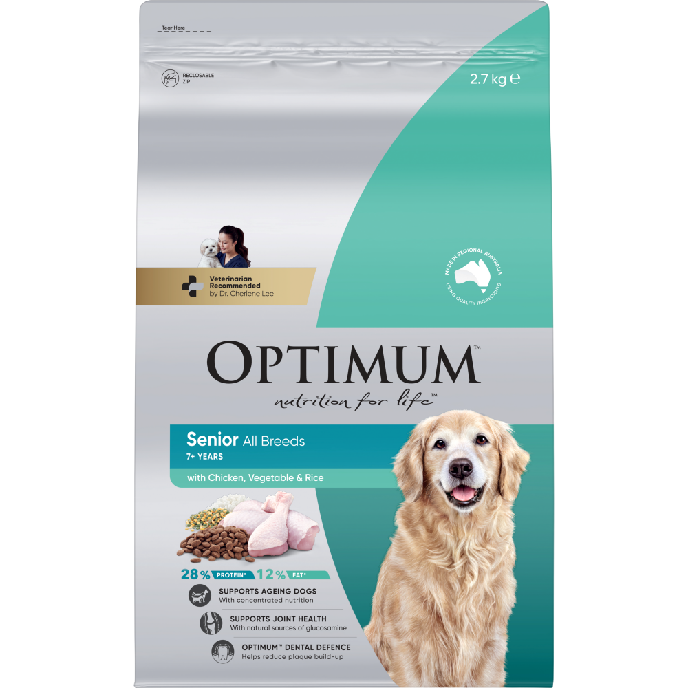 Optimum senior 7+ All Breed with Chicken, Vegetables & Rice dry dog food. 2.7kg bag.