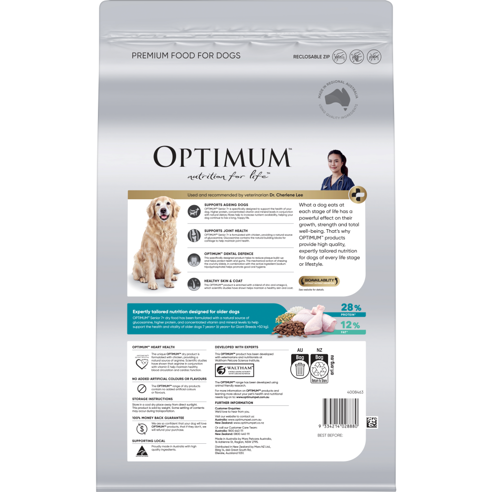 Optimum Senior 7+ years with chicken and rice dry dog food. Back of bag. 2.7kg