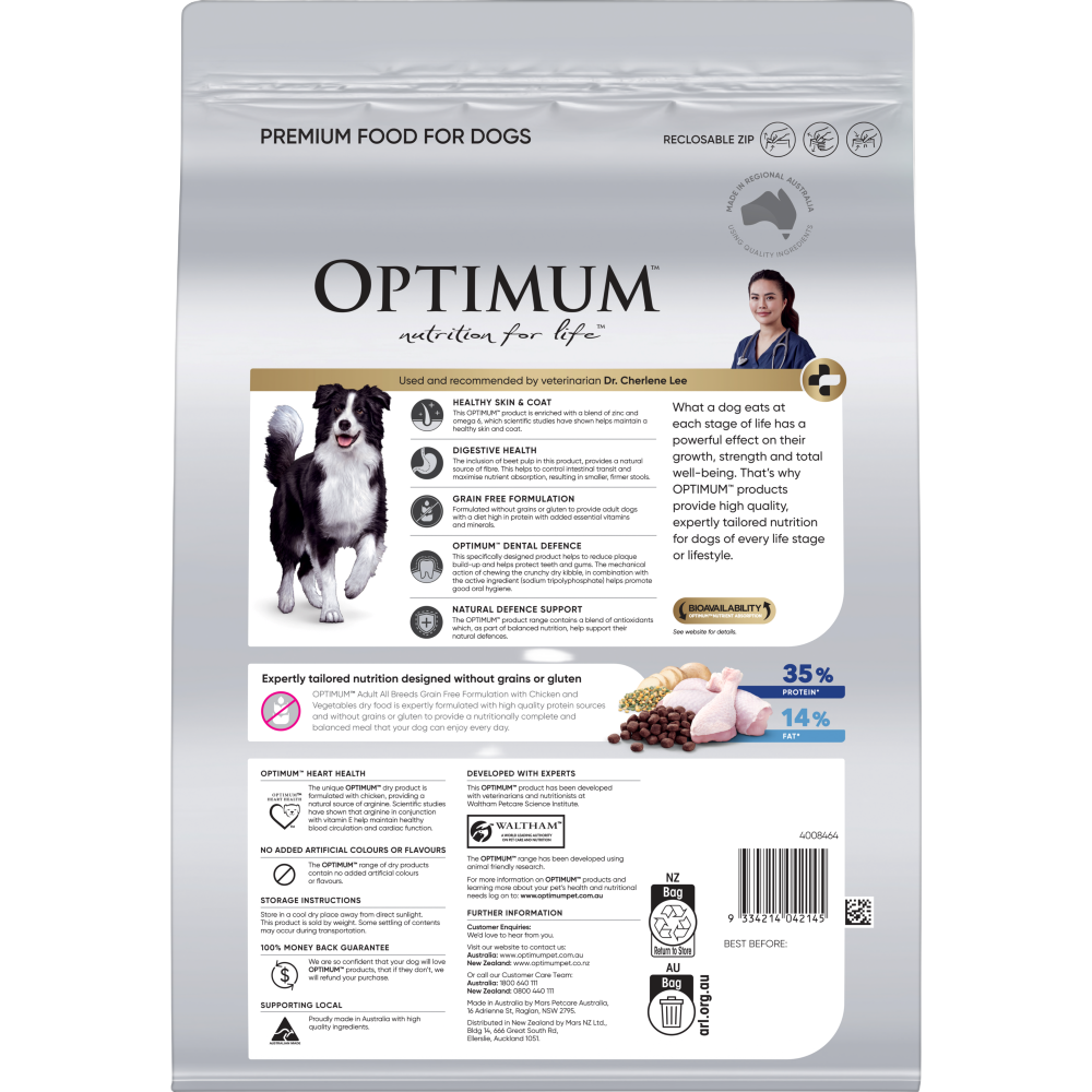 OPTIMUM Adult Grain Free with Chicken & Vegetables dry dog food, 2.5kg bag, back of pack.