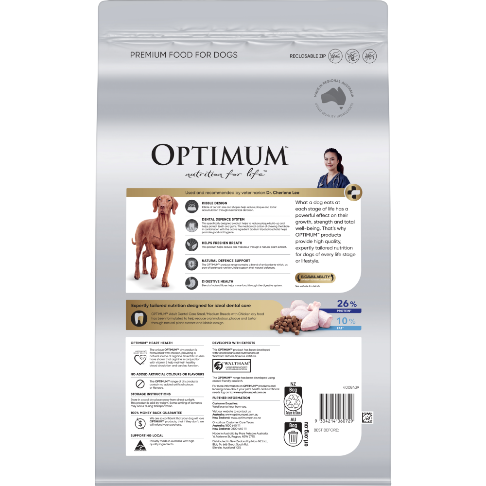 OPTIMUM Adult Dental Care All Breed with Chicken Dry Dog Food 3kg bag. Back of pack.