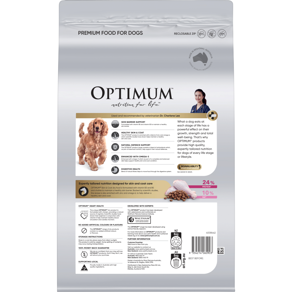 OPTIMUM Adult Skin & Coat All Breed with Turkey Dry Dog Food 3kg bag, back of pack.