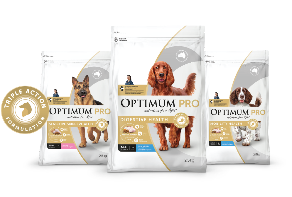 Optimum Pro triple action formulation. Sensitive skin and vitality. Digestive health. Mobility health.