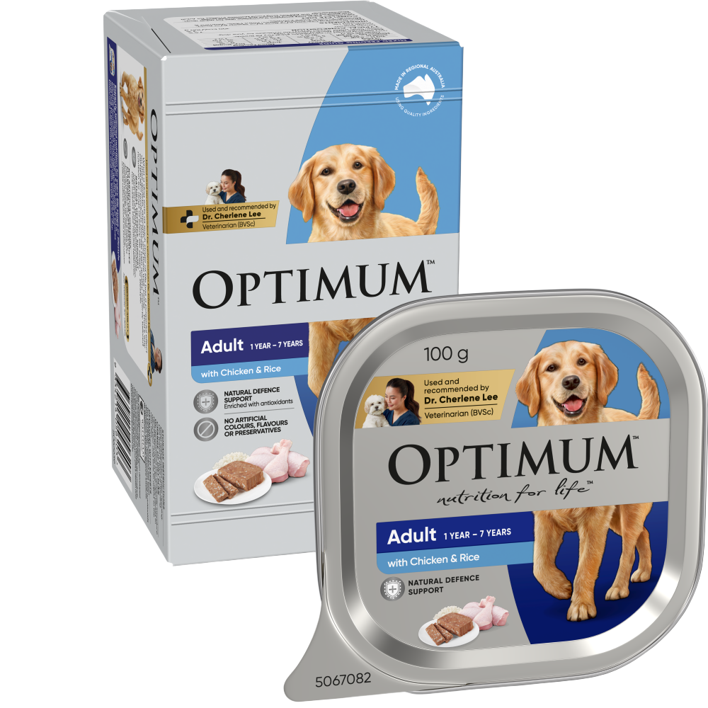 Optimum adult with chicken and rice wet dog food tray 6 pack
