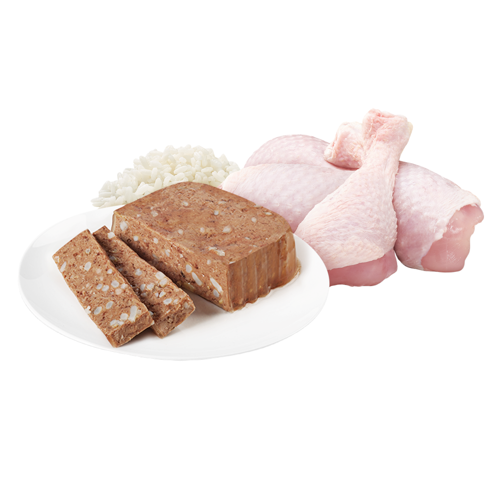 Raw chicken drumsticks and Optimum chicken and rice wet dog food tray food sitting on a plate.