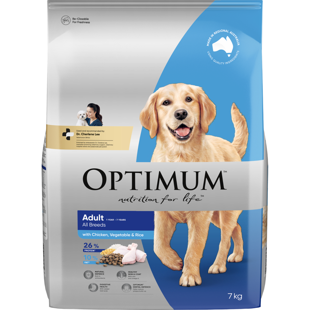 Optimum adult dry dog food, chicken and rice, 7kg bag.