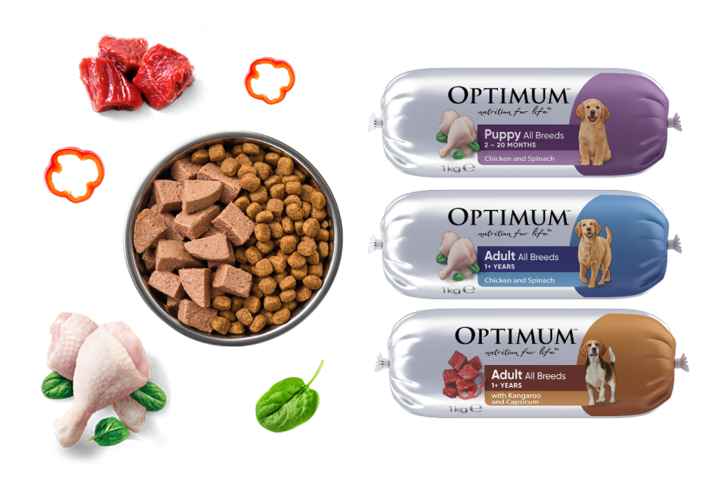 Dog food bowl with kibble and Optimum chilled roll sliced