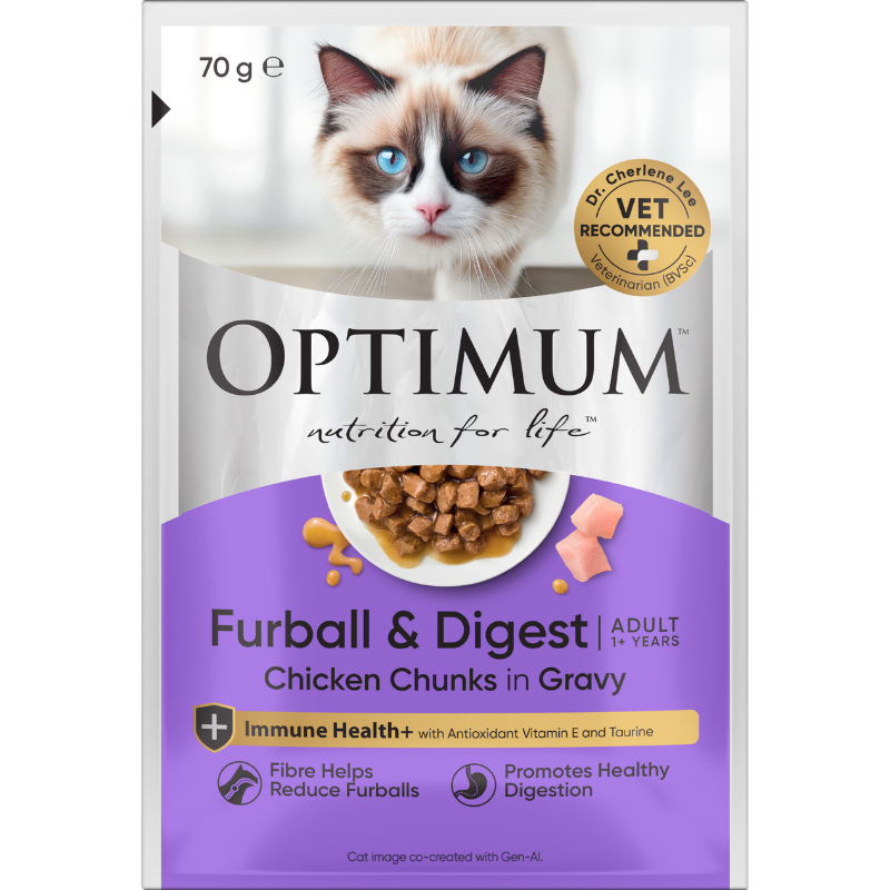 Optimum furball and digest wet cat pouch front of pack