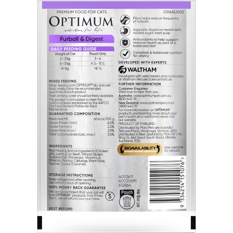 Optimum furball and digest wet cat pouch back of pack