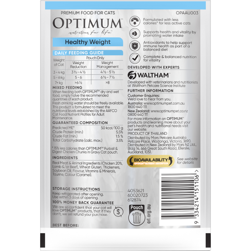 Optimum healthy weight wet cat pouch back of pack