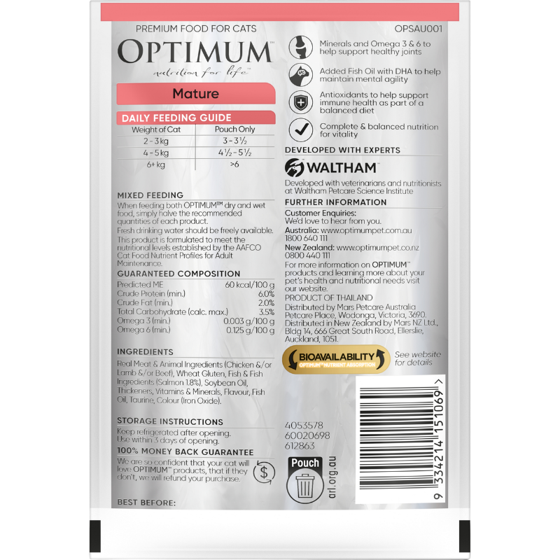 Optimum mature wet cat pouch with salmon chunks in gravy back of pack