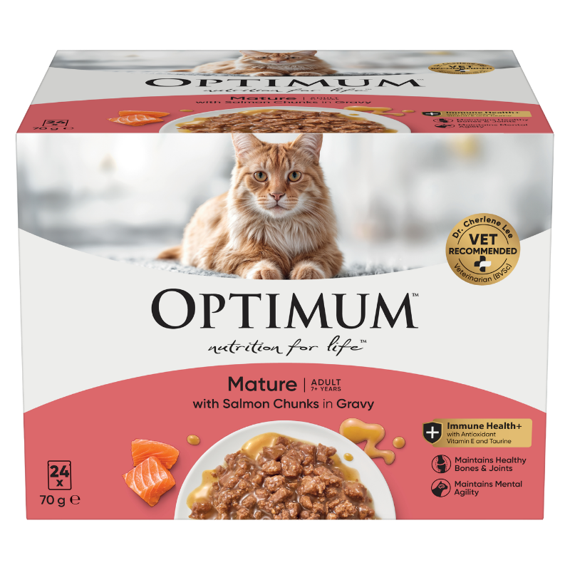 Optimum mature wet cat food pouch with salmon