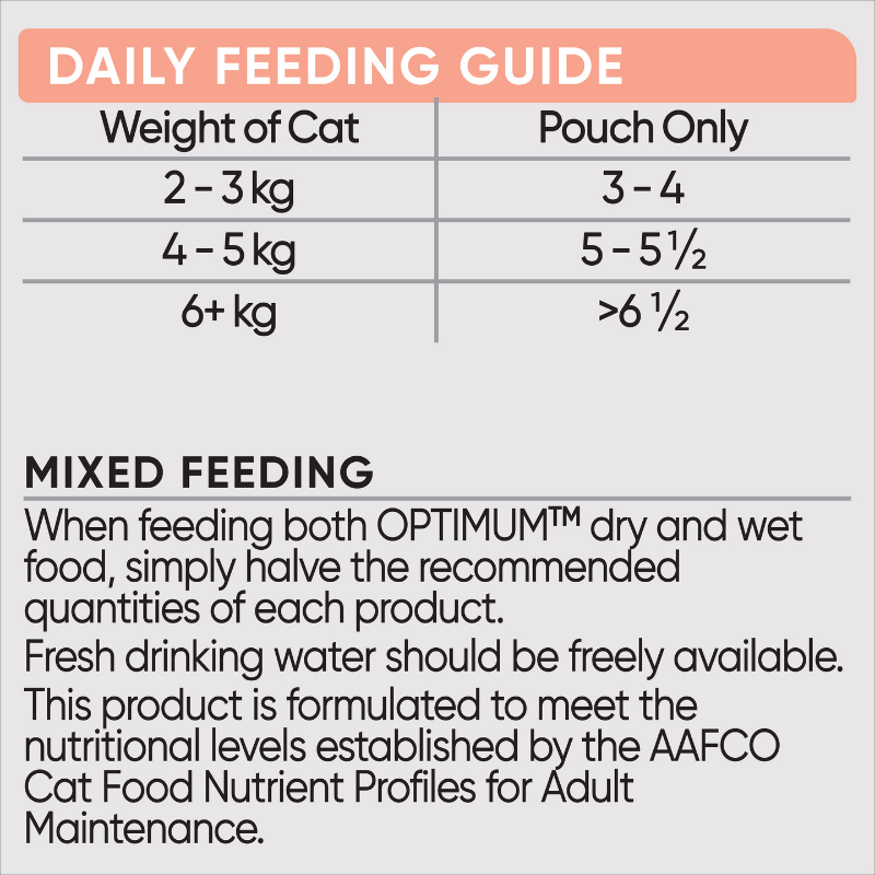 Optimum adult wet cat pouch skin and coat feeding guidelines