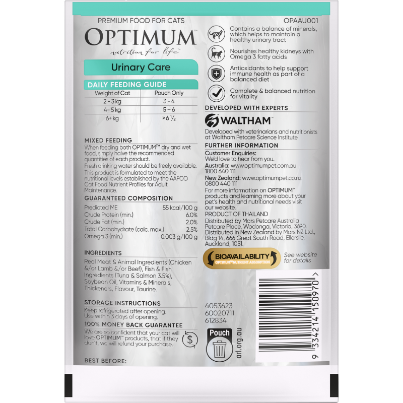 Optimum urinary care wet cat pouch with ocean fish in gravy back of pack